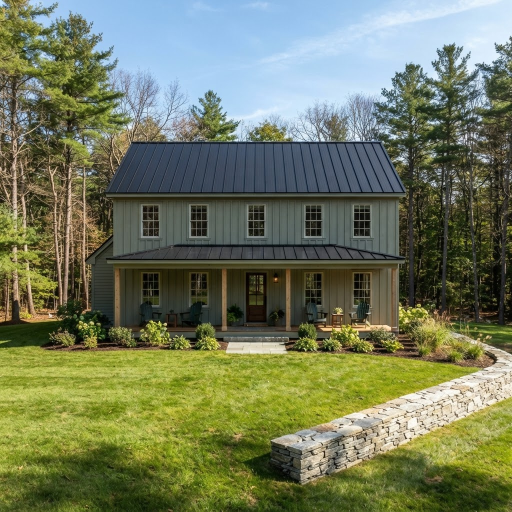 Completed modern farmhouse with olive board-and-batten siding, timber-frame porch, finished landscaping, and a Goshen stone wall