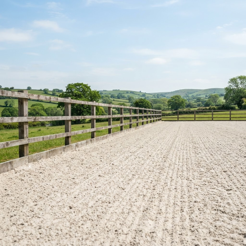 Open-air riding arena with freshly raked sand footing and post-and-rail fencing