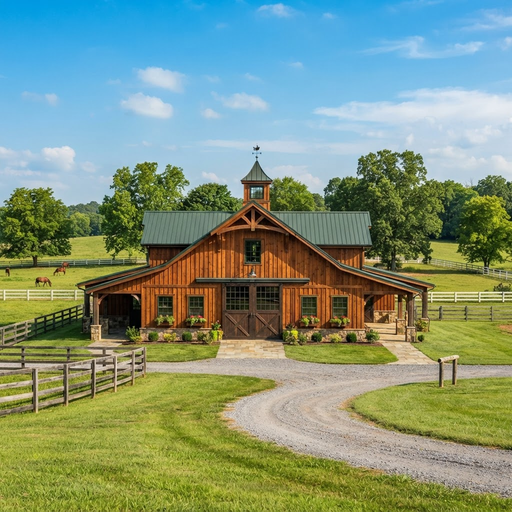 Large custom wooden horse barn with metal roof and cupola