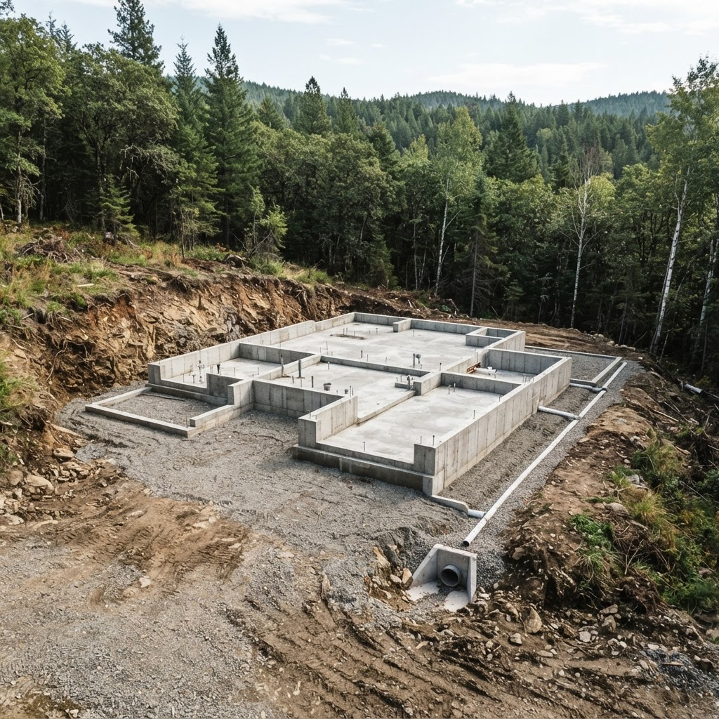 Completed concrete house foundation and graded site pad