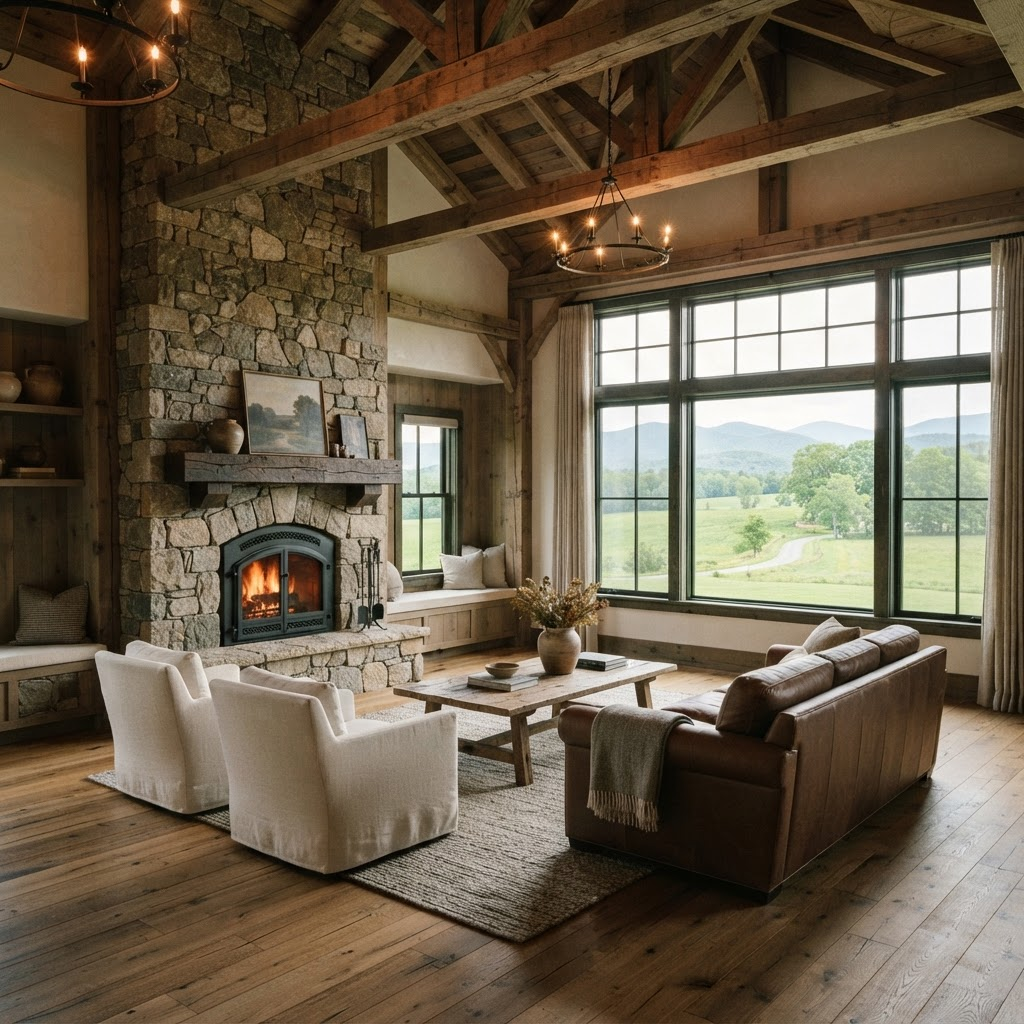 Warm custom home interior with exposed beams and stone fireplace