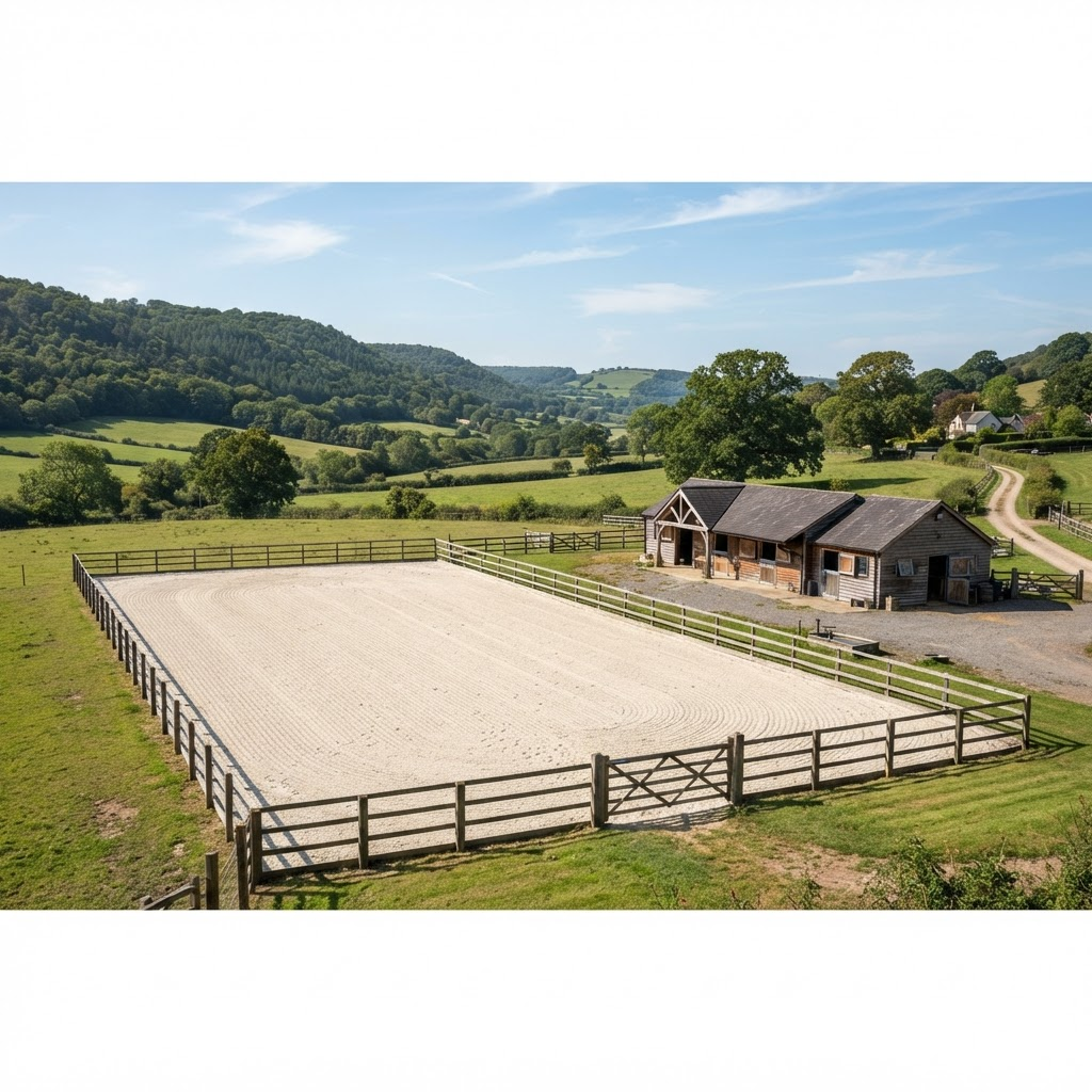 Open-air horse riding arena with post-and-rail fencing and an attached barn