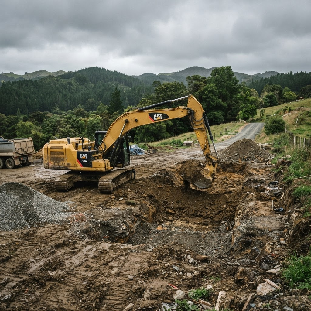 Yellow excavator digging foundation earthwork on a rural building site