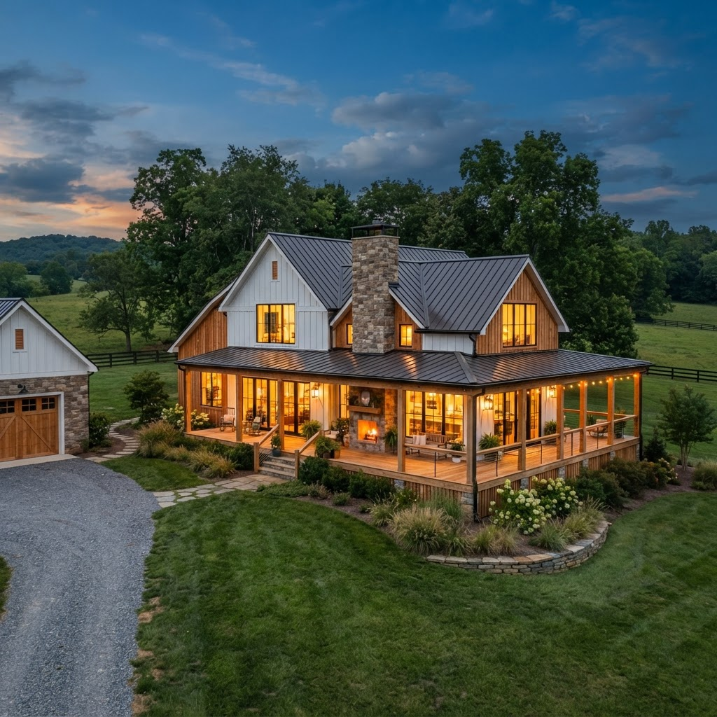 Custom farmhouse-style home built by Fernridge at dusk